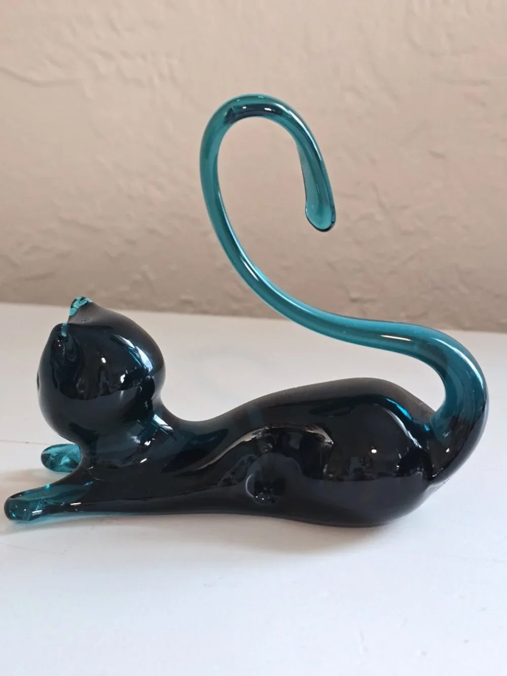 Vintage Hand Blown Glass Cat Figurine Teal/Dark Blue Black